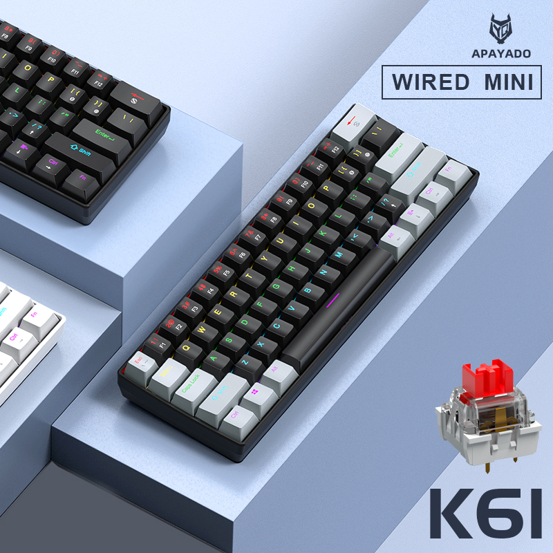 APAYADO K61 Teclado mecánico para juegos con cable al 60%, mini de 61 teclas, retroiluminado RGB, interruptor rojo/azul, portátil para PC y portátil
