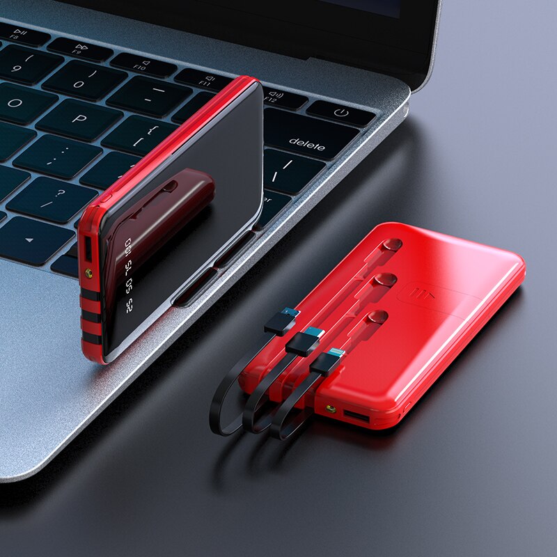 30000 mah powerbank bærbar hurtig opladning fuld skærm bygget -in 3 kabler powerbank eksternt batteri til iphone xiaomi samsung: Rød