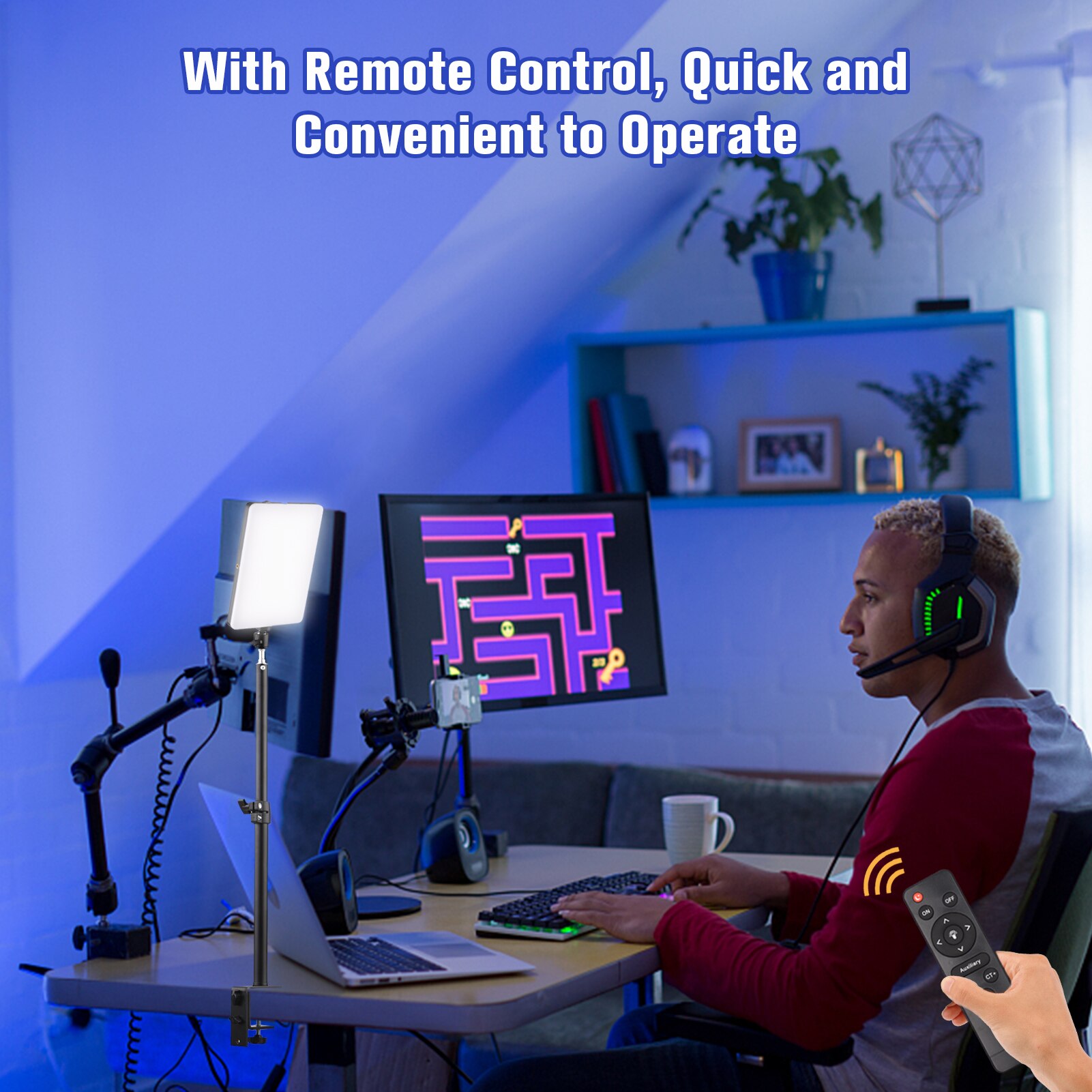 38W Studio Video Light 3200-5500K CRI 95 Photography Lamp Dimmable with C-Clamp Stand Remote Control for Gaming Video Recording