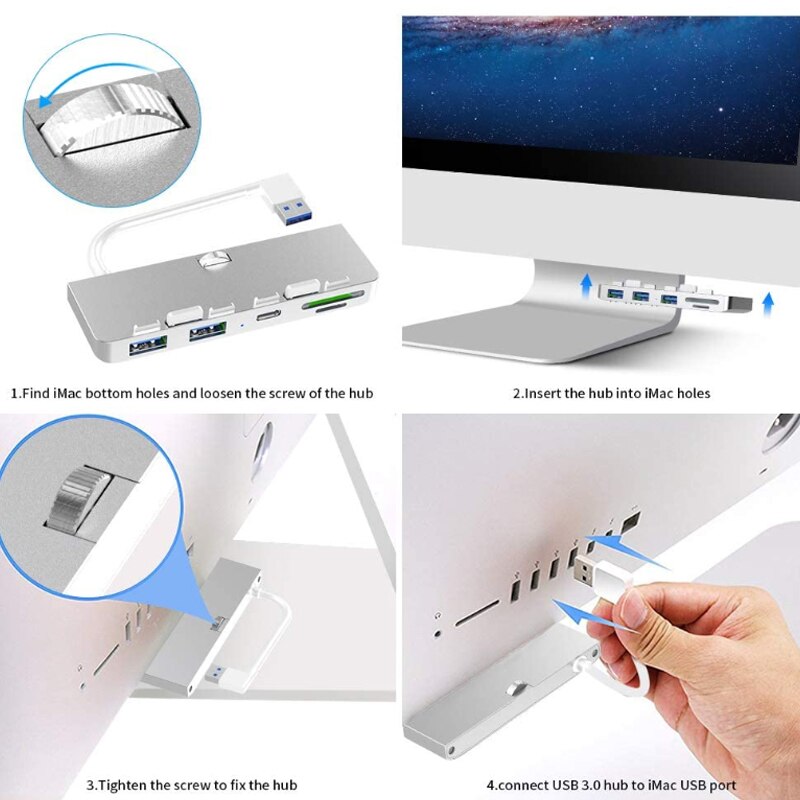 Rocketek Aluminum Alloy USB 3.0 Hub 3 Port Adapter Splitter with SD/TF Card Reader and Type-C for iMac 21.5 27 PRO Slim Computer