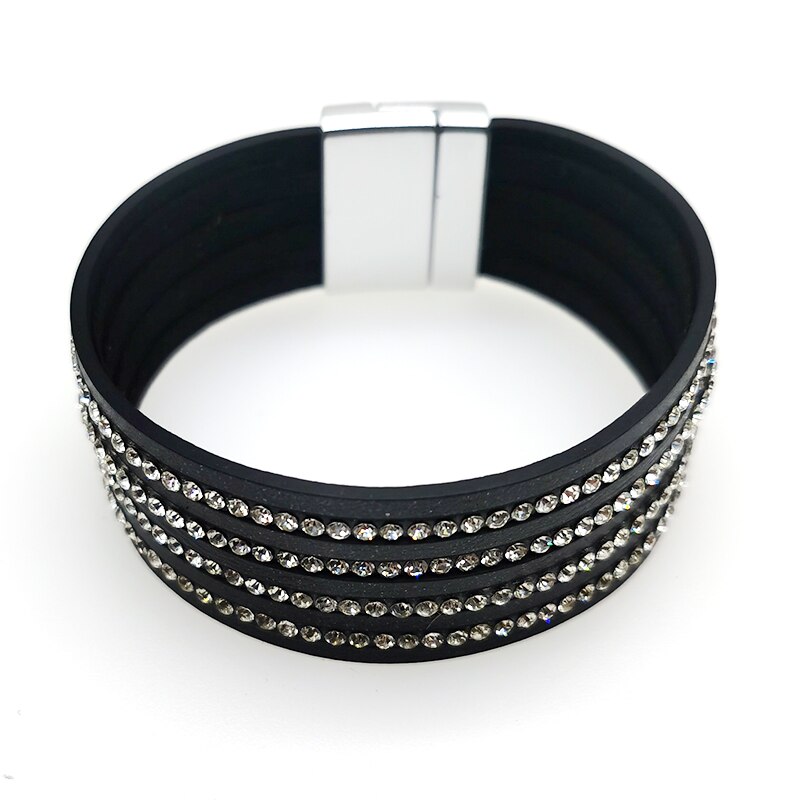 Pulseras de cuero de cristal negro para mujer, brazalete ancho con tiras, varias capas, estilo bohemio, joyería,