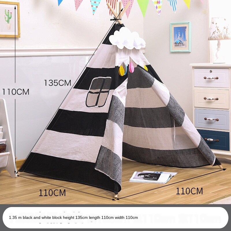 Tipi tent for kids Play-Tent Teepee House Wigwam Room Children's Tent Game-House Triangle Teepee Canvas Sleeping Dome 135cm: Black strip tent