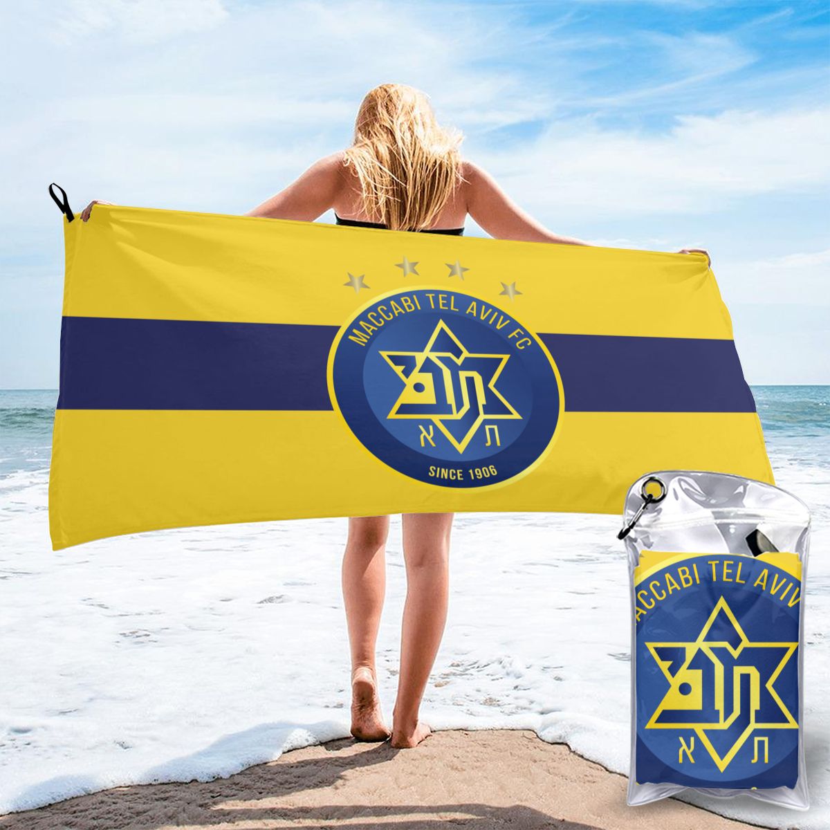 Izrael Maccabi Tel Aviv Fc szybkoschnący ręcznik kąpielowy ręcznik plażowy może być używany do Camping Fitness, szybkoschnący składany saszetka na pasek: 7 / 160cmx80cm