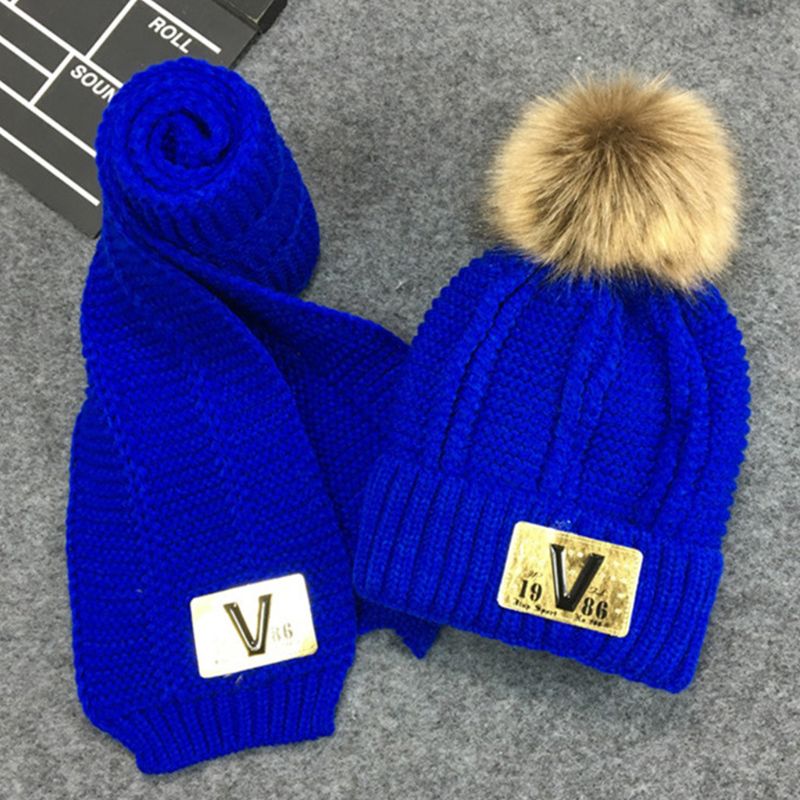 Småbørn børn vinter chunky hæklet pompon varm foring beanie hat langt tørklæde sæt