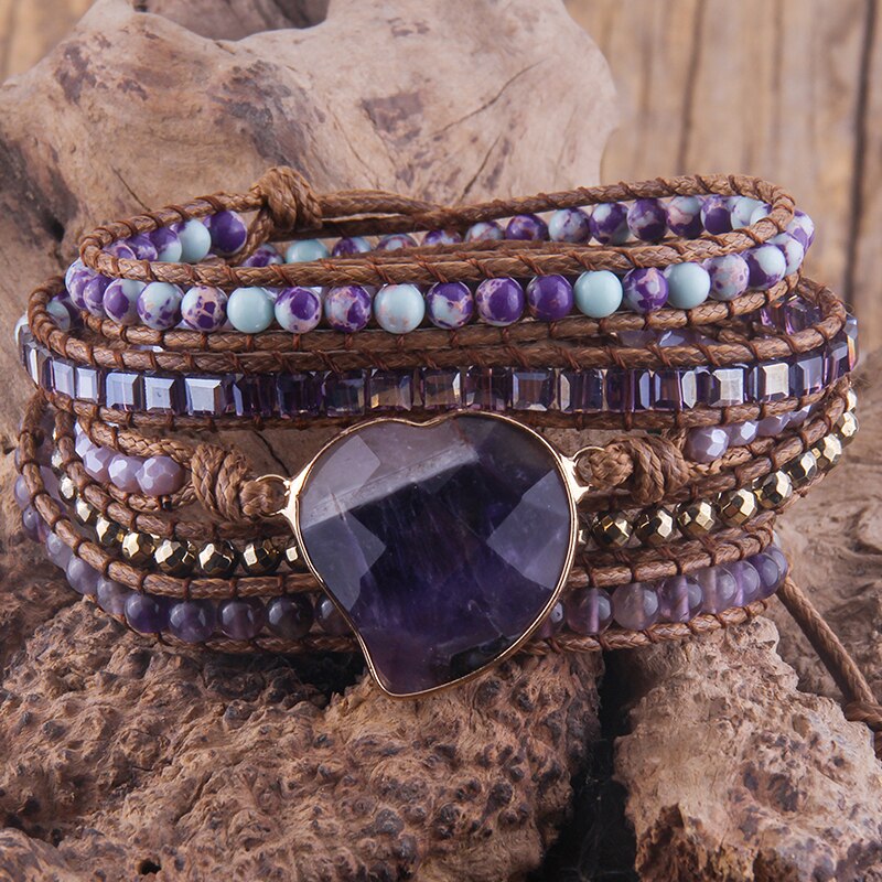 RH Handma-pulsera Bohemia con piedras naturales mezcladas, colgante de corazón, 5 pulseras de tiras, para mujer: Morado