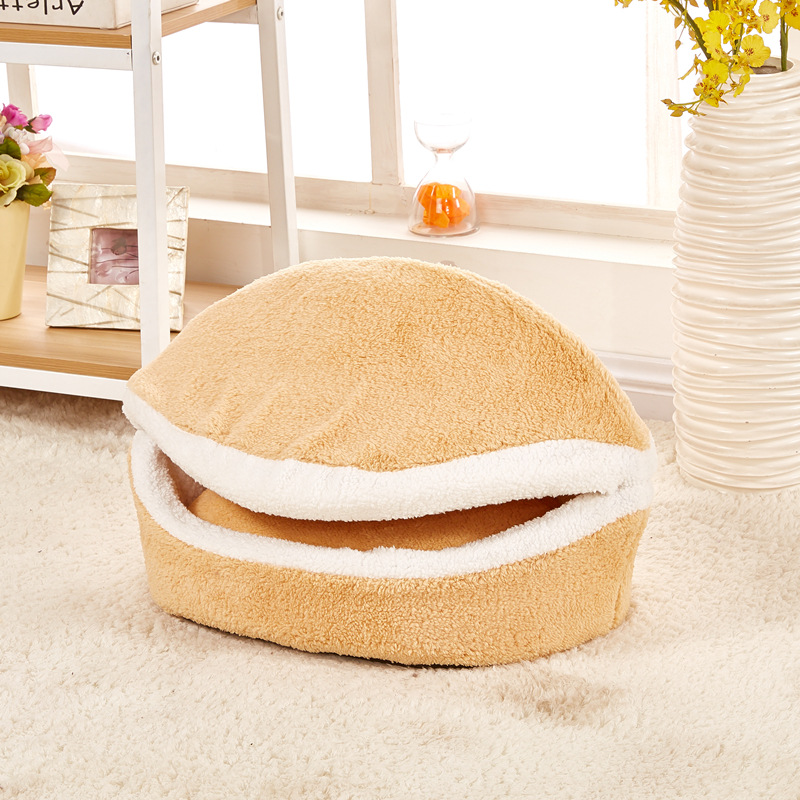 Lit Hamburger en coton pour chat, doux, coupe-vent, amovible, pour animal domestique, sac de couchage, grotte à câlin, petit chien
