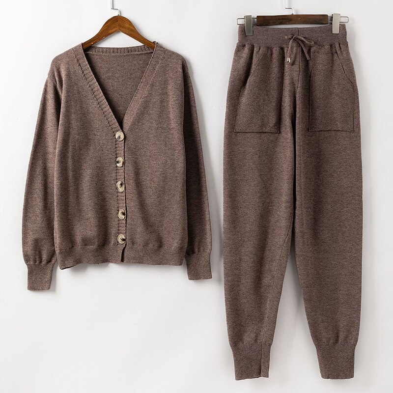 Autumn Women Knitted Tracksuit Turtleneck Sweater Casual Outfit Female Winter 2 Piece Set Knit Top Pants Sporting Suit