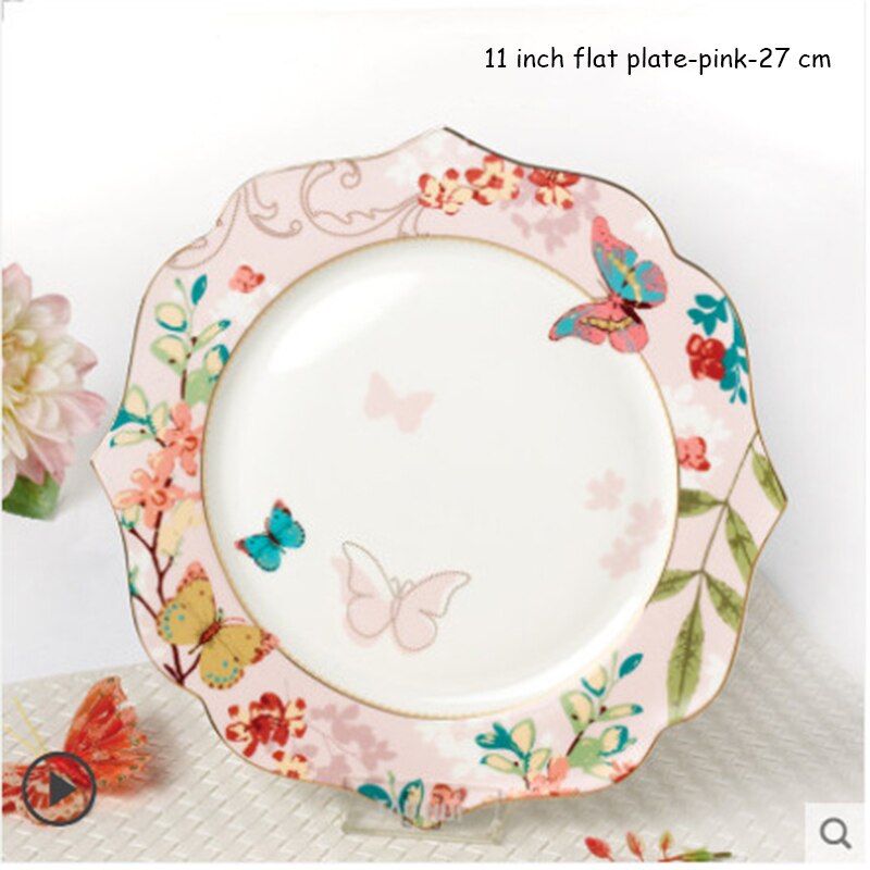 European Style Lace Dinner Plate Fruit Plate Ceramic Tableware Plate Western Food Steak Plate Soup Bowl Food Container: 11 inch plate-pink