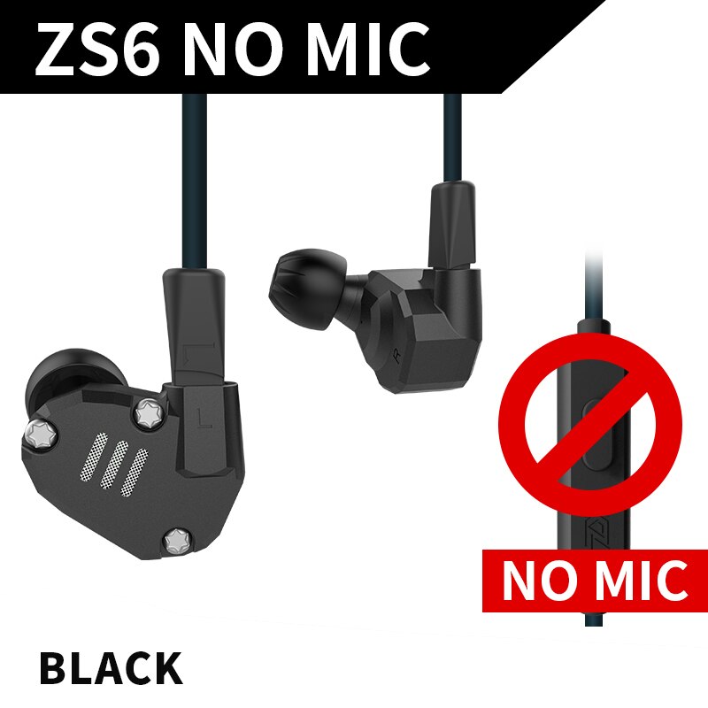 Kz zs6 2dd + 2ba alta fidelidade baixo fone de ouvido esporte in-ear fone de ouvido dinâmico motorista cancelamento de ruído fone de ouvido cabo de substituição as10 as10: black no mic