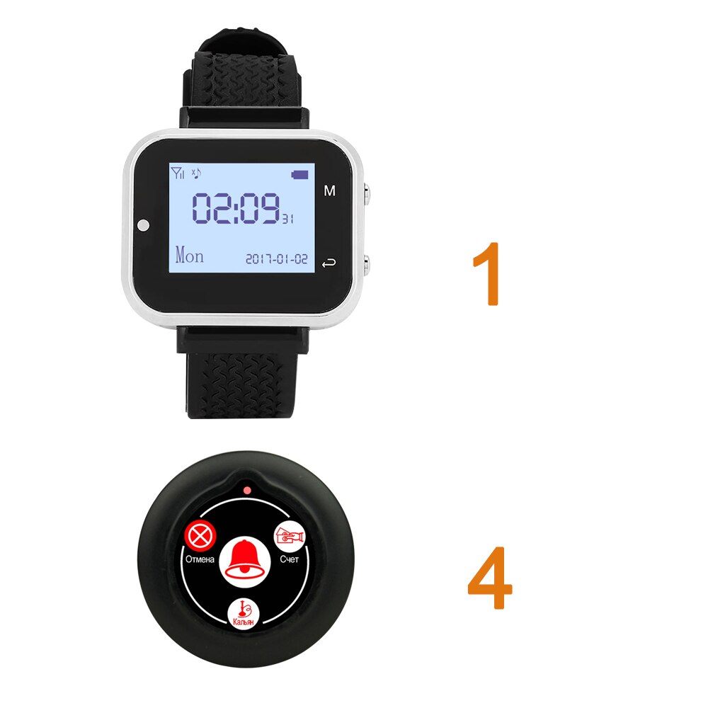Sistema de llamada inalámbrica para camarero, 1 reloj RECEPTOR + 4 botones superfinos de 4 teclas, transmisor de frecuencia 433,92 para servicio de restaurante: BLACK / UK