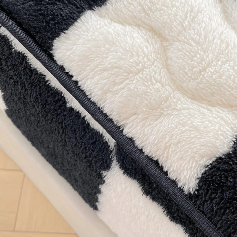 WASART Soft warm plush mattress protector cover winter couple 2 people black white plaid elastic fitted sheet bed protection pad