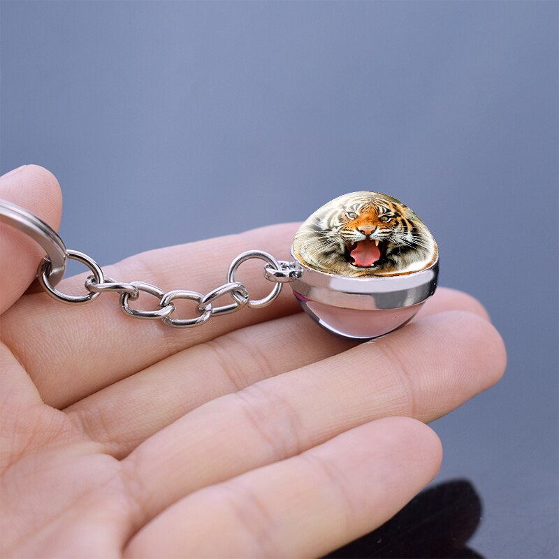 Tiger Keychain Animal Tiger Head Picture Glass Ball Key Chain Ring Keyfob Tiger Jewelry Valentine's