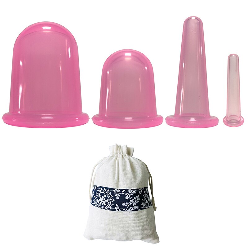 4Pcs Pot Siliconen Vacuüm Cupping Blikjes Voor Massage Ventouse Anti Cellulite Zuignappen Gezicht Lichaam Pijn Massage Masajeador: 4PCS Pink with bag
