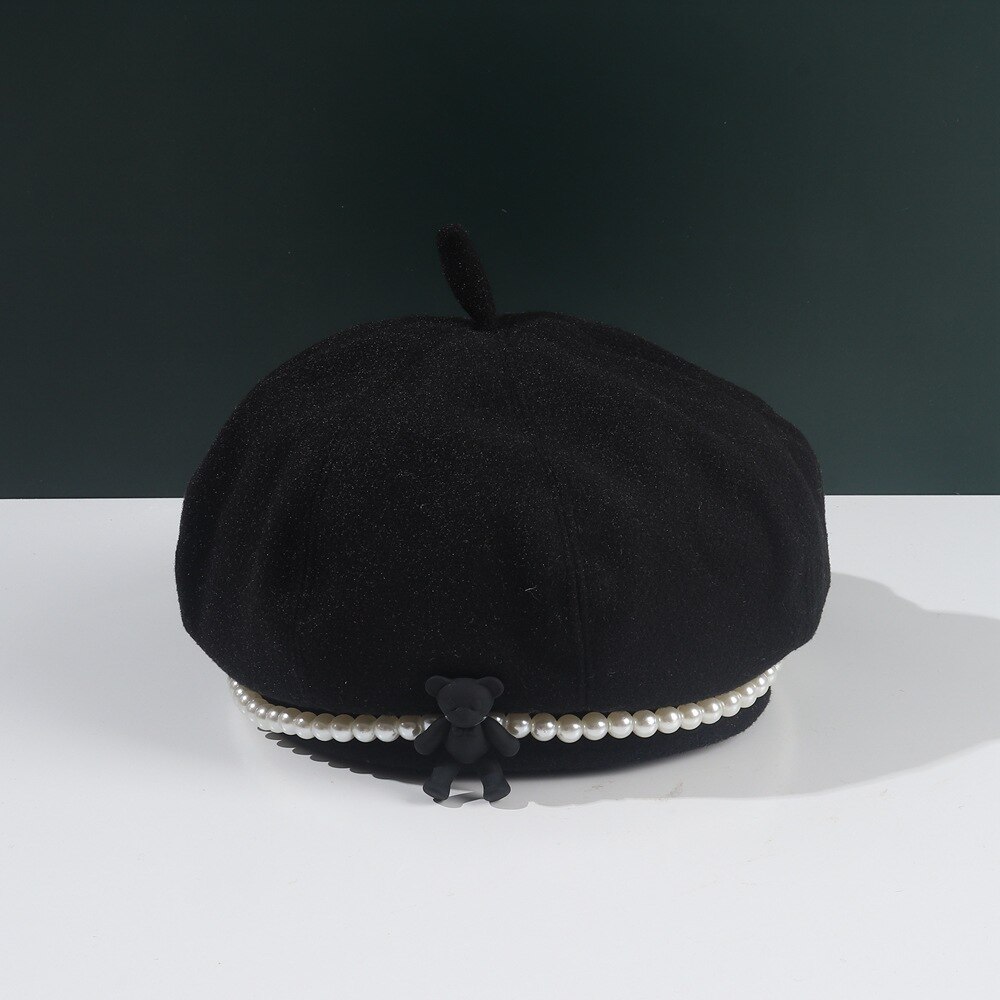 Winter Baret Meisje Mooie Cartoon Beer Parel Schilder Han Editie Kinderen Doek Cap, Mode Hoed: black