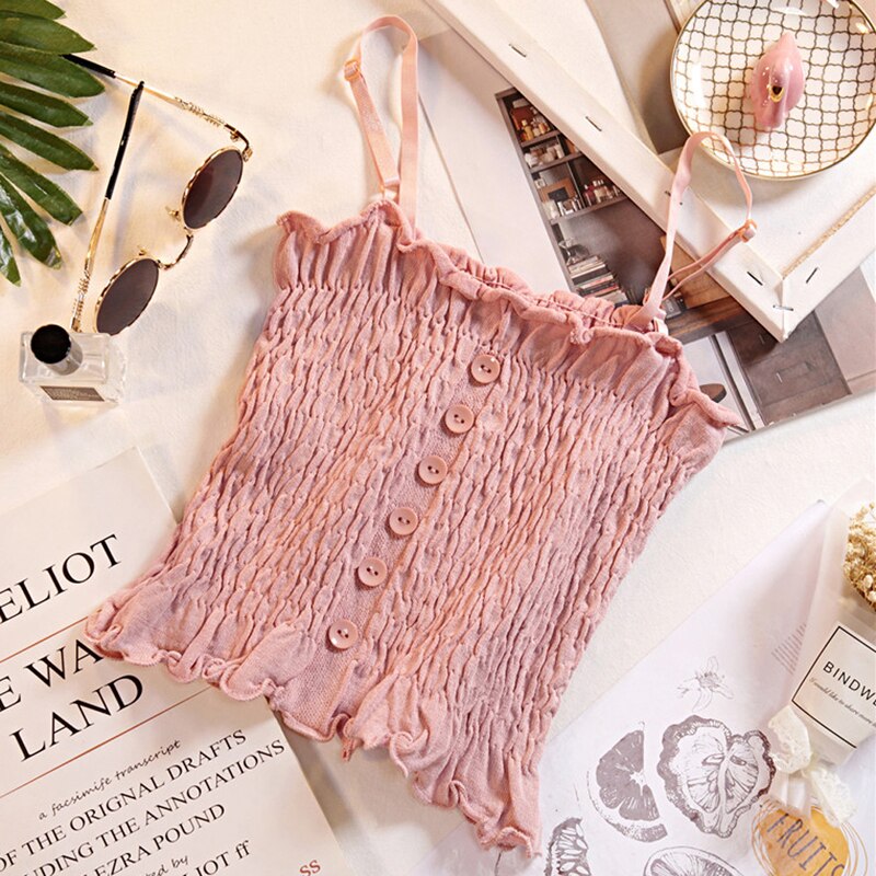 Kvinder strikket camis knap basic toppe firkantet krave camisole strik crop tops sommer
