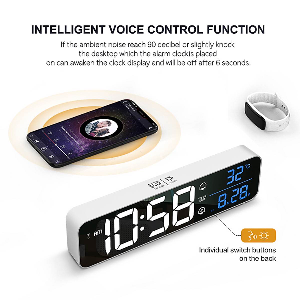 Wireless LED Digital Dual Mode Alarm Clock Digital Snooze Electronic Mirror Clocks 5 Brightness Adjustable Home Table Wall