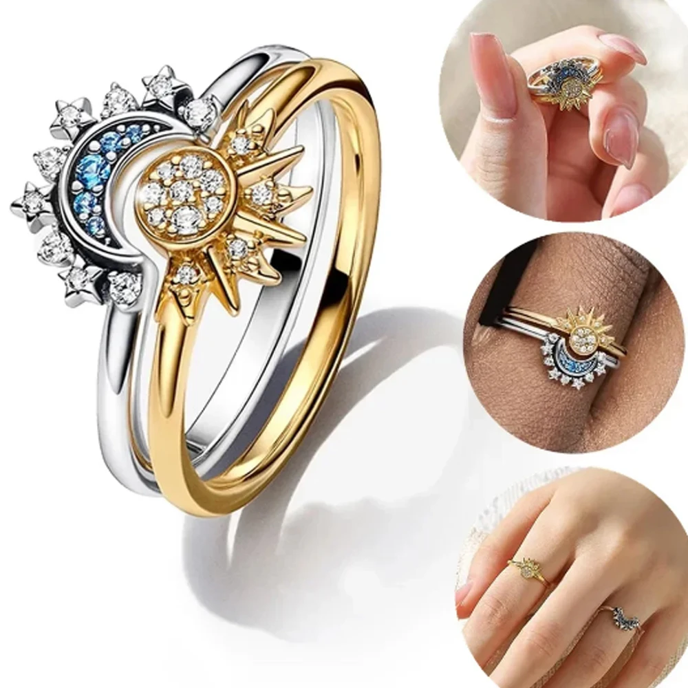 Original Sterling Silver 925 Ring Star and Moon Combination Series Rope Double Layer Ring Women's Wedding Engagement Ring