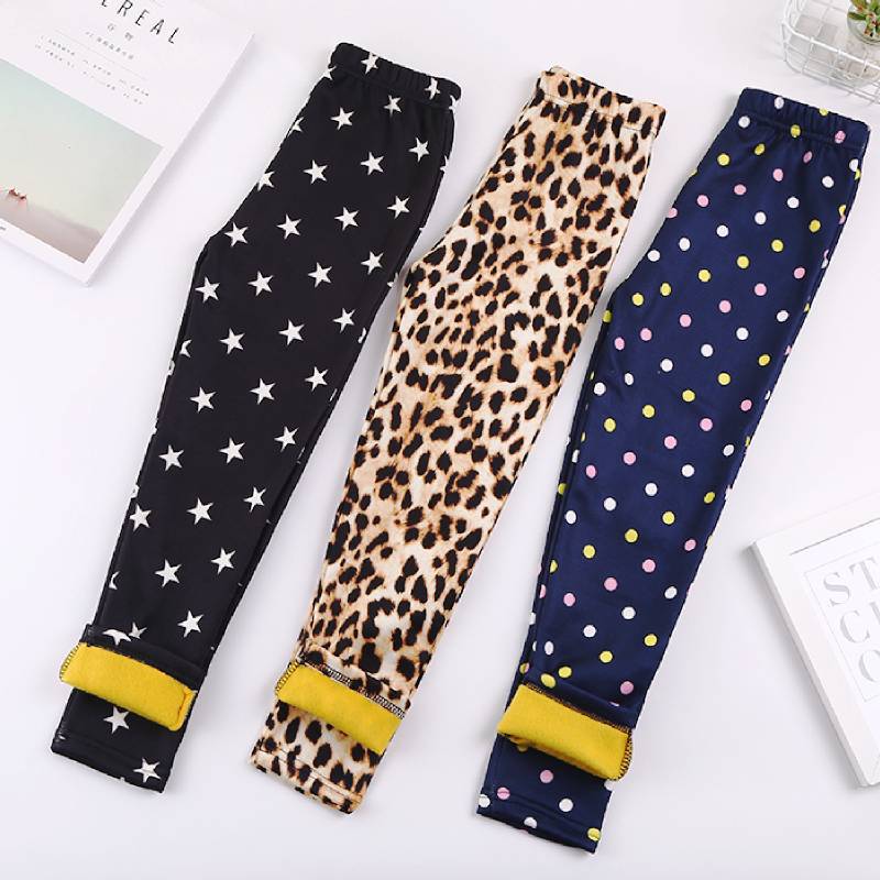 Höst vinter bebis flickor leggings tjocka varma prickar byxor barn flicka leopard plus sammetsbyxor barn flickbyxor