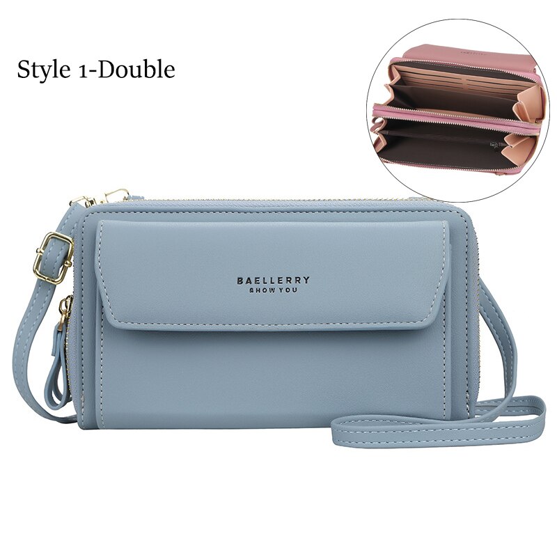 Bandoleras de piel sintética de doble capa para mujer, bolsos de gran capacidad, tarjeteros, cruzados,: Double-blue