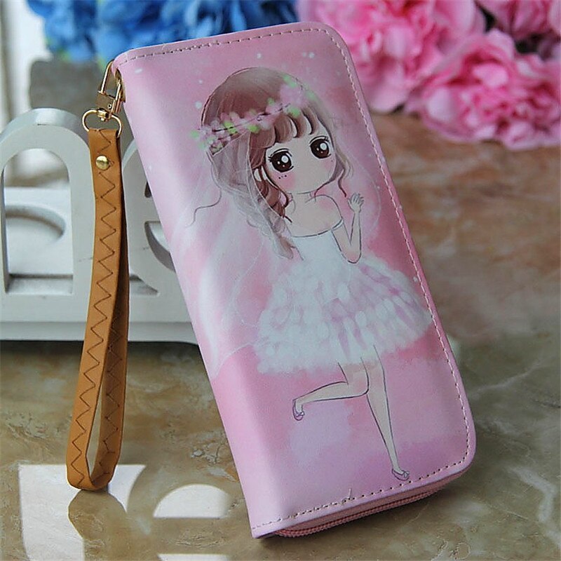 Lovely Women Girl Long Cartoon Raffiti Wallet Bag with Strap Card Holder Coin Purse Change Wallet Zip PU Leather Letter Handbags: 11