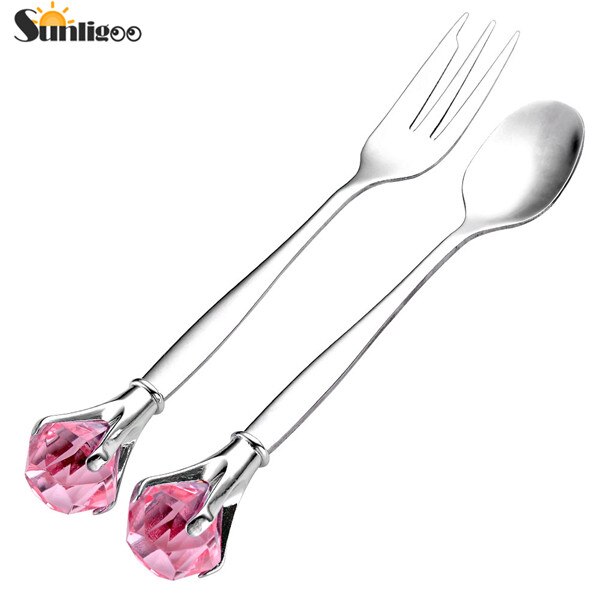 Sunligoo 2 stk klassisk krystal diamant rustfrit stål kort ske + gaffel bordsæt muddler mærke: 2 stk lyserød