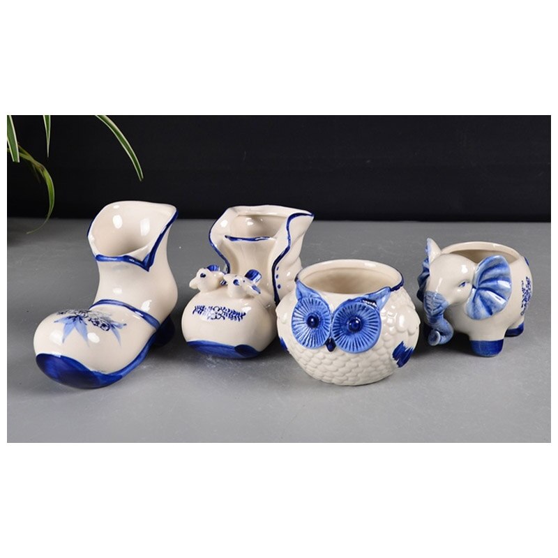 Handgeschilderde Bloempotten Plantenbakken Blauw Gekleurde Olifant Uil Schoenen Vaas Leuke Bloem Vaas