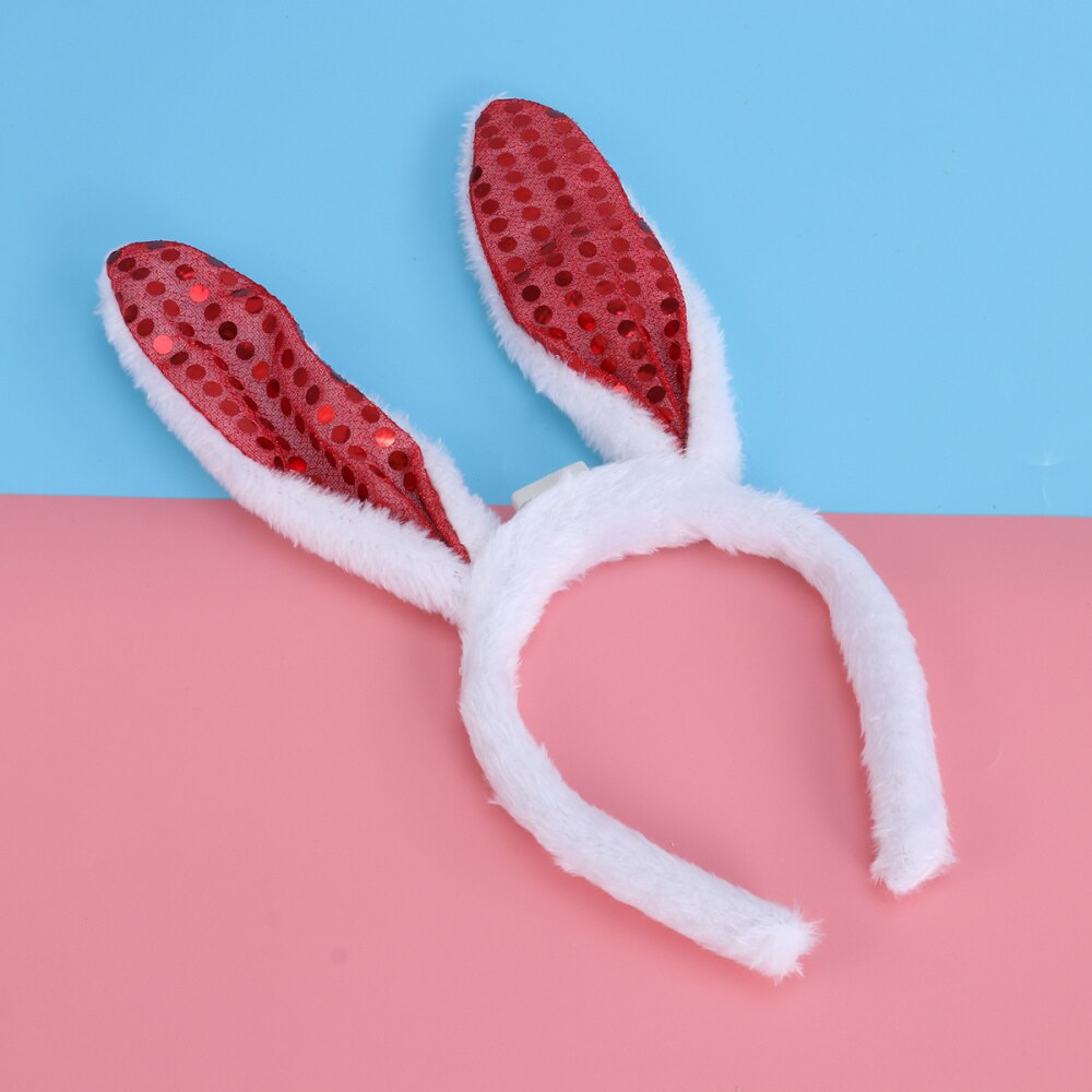 LED Bunny Ear Headband Flashing Sequins Rabbit Ear Hair Hoop Heardwear for Easter Christmas Party (White)