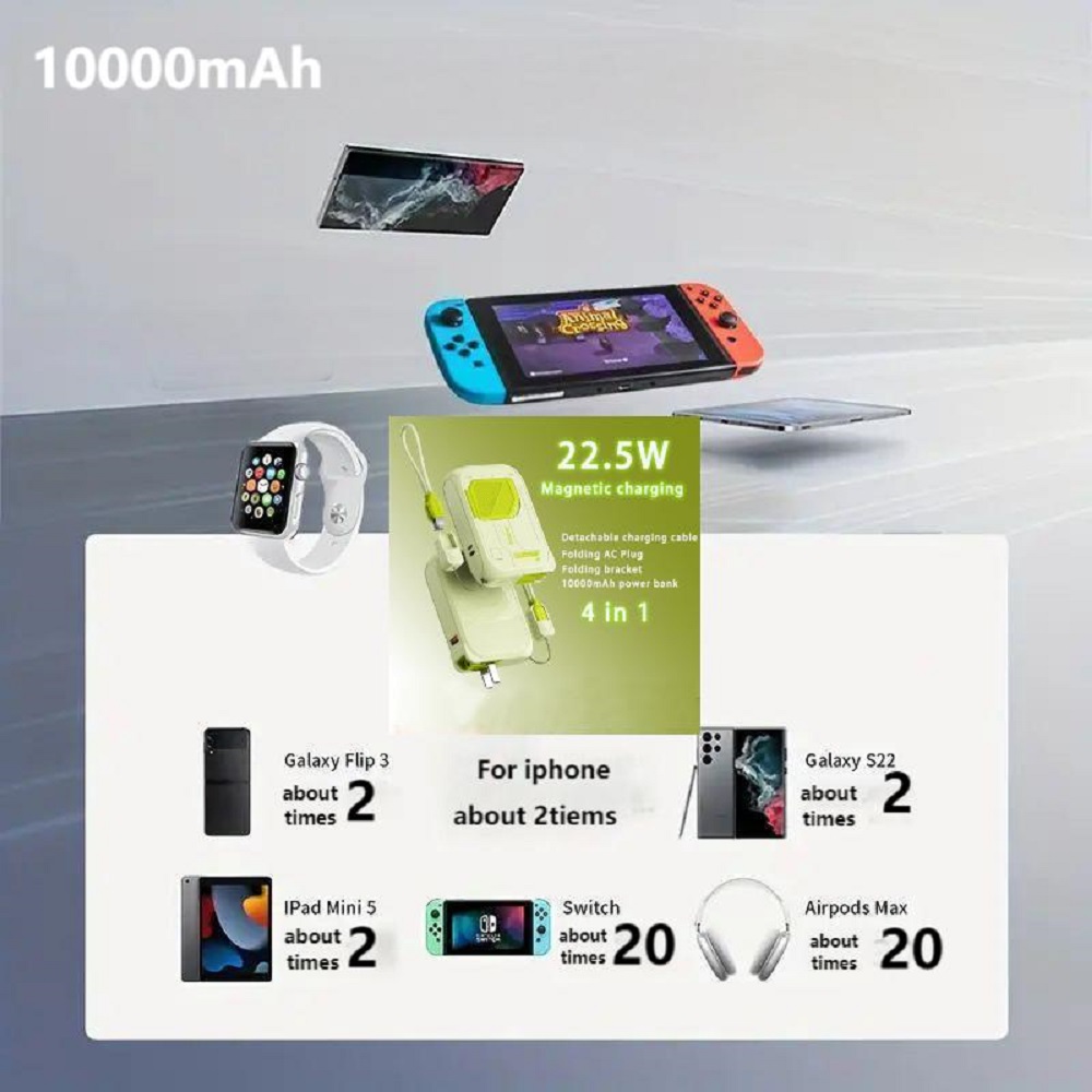 6-in-1 Multifunctional 10000mAh Power Bank Wireless External Battery 22.5W Fast Charging Magnetic Powerbanks Portable Charger