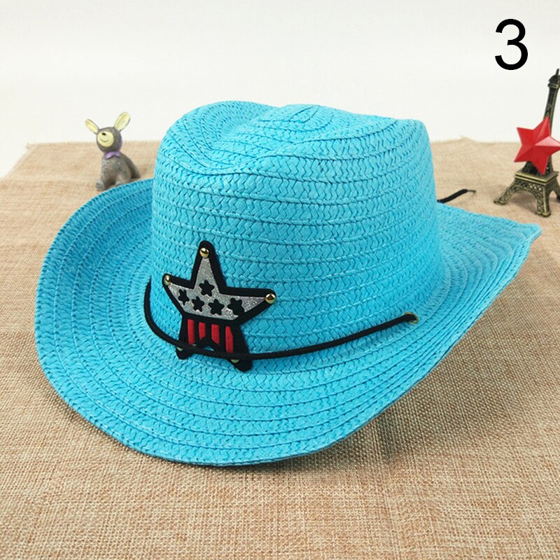 Børns cowboyhat sommer stråhat drenge og piger fem-spids stjerne patch solhat søde børns strand visir hat: 3