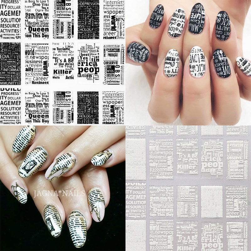 1 Sheet Nail Sticker Black And White Newspaper Patterns Self-Adhesive Cute Nail Art Decals DIY 3D Decoration Nail Art