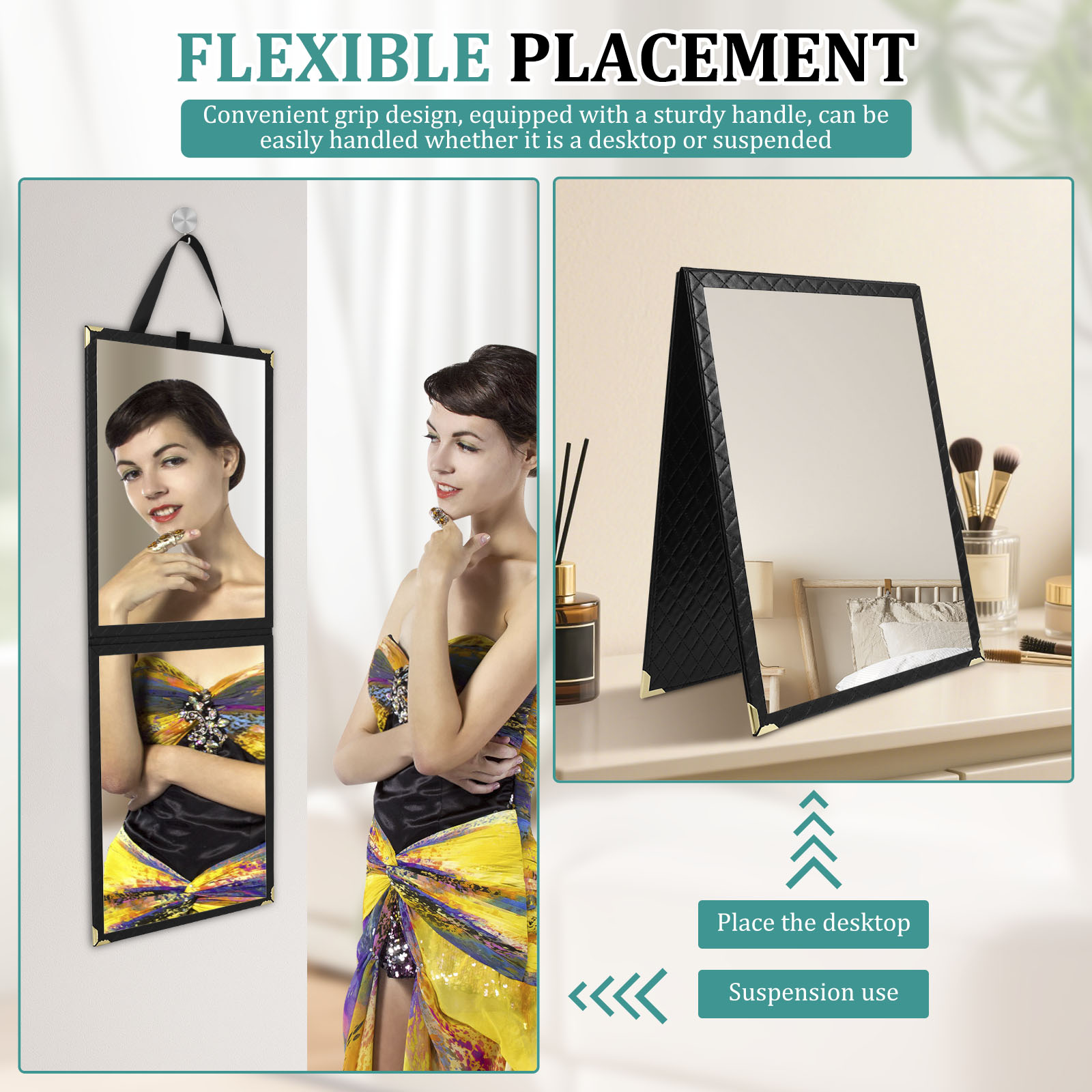 Foldable Full Length Mirror Leather Protection Aluminum Alloy Frame Shatterproof Hanging Mirror for Wardrobe Tent and RV