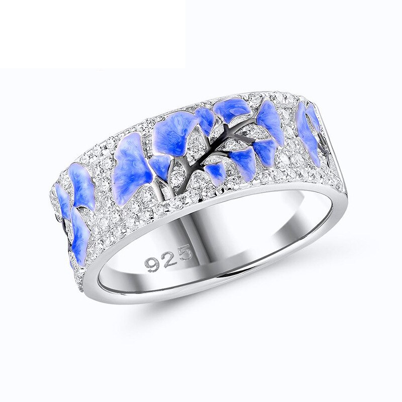 Vrouwen Sieraden Exquisite Elegante Blauwe Bloem Ring Zirkoon Crystal Bruid Engagement Trouwringen