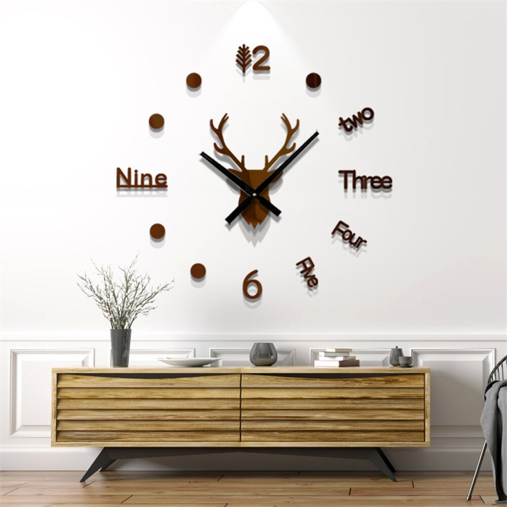 3D Acrylic Digital Deer Wall Clock Roman Numerals Large Round Wall Clock DIY Self Adhesive Living Room Clocks Stickers: Mirror Brown / M