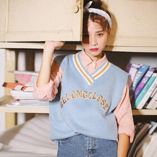 Efterårs koreansk stil preppy bogstaver broderi stribet v-hals strik sweater vest strik ærmeløs pullover vest  t130