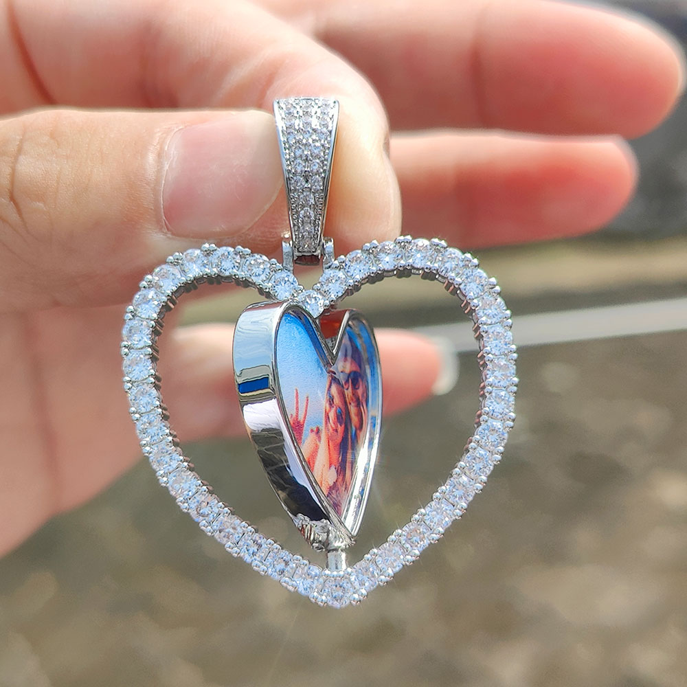 Collar con colgante de imagen de corazón de dos caras, joyería para hombres, Hip Hop, foto helada personalizada, colgante giratorio para mujeres,: 40 cm / Verde / Chapado en platino