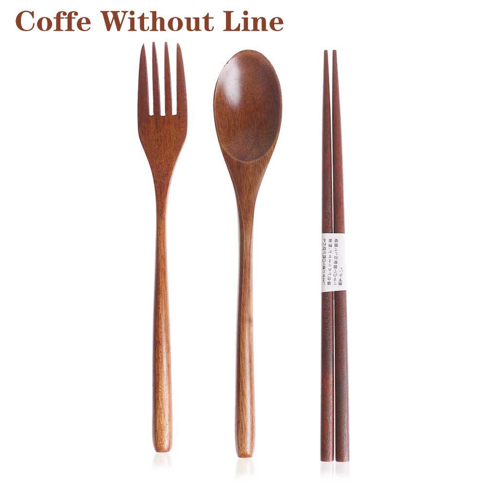1 SET Pack Tea Scoops Desserts Fruits Serving Travel Dinnerware Suit Spoon Fork Portable Tableware Wooden Cutlery Sets Cloth Bag: Coffee without line
