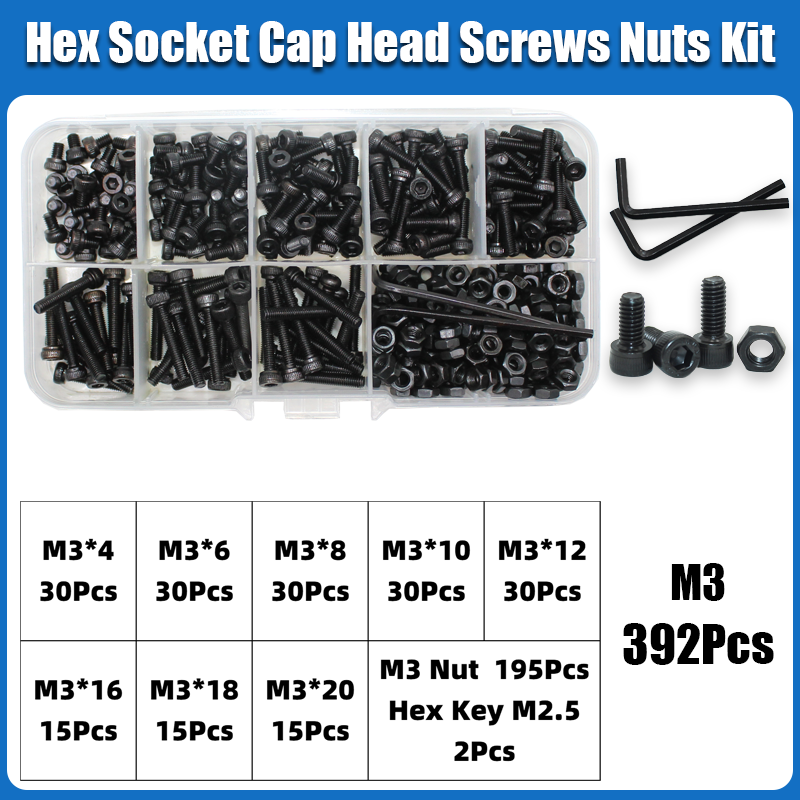 M2 M2.5 M3 M4 M5 M6 Hex Socket Head Cap Set Allen Screw DIN912 Black 12.9 Grade Carbon Steel Screws Nuts Bolt Washer Assortment: green