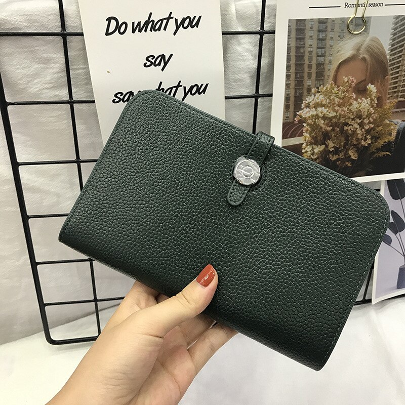 Gran venta de carteras de para mujer, carteras de cuero de grano de lichi con cremallera, billetera de para mujer, carteras y bolsos: Dark Green