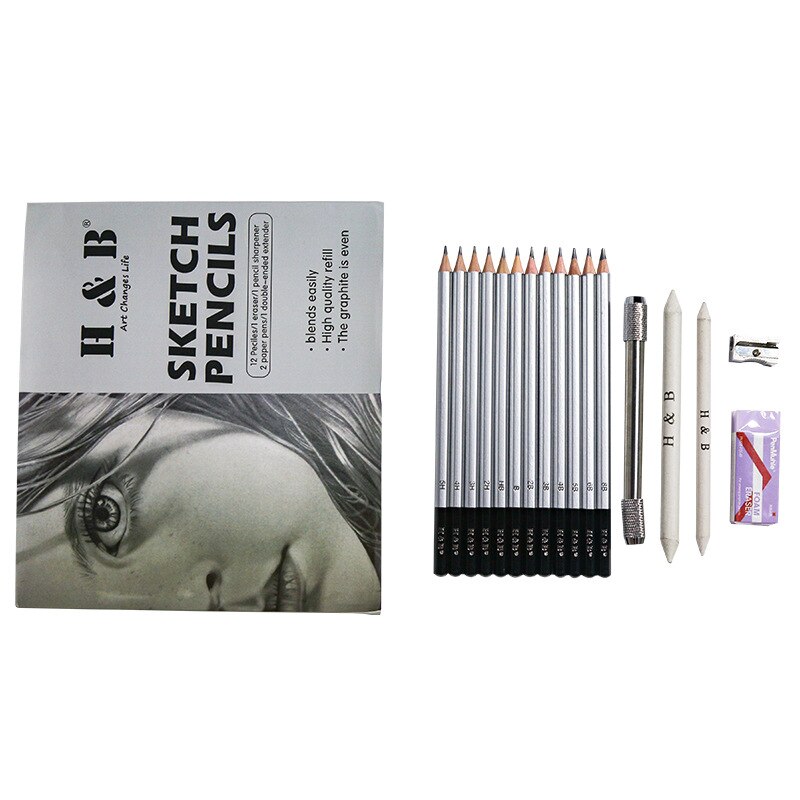 12/17 Pieces of Advanced Drawing Pencil Set Wooden Iron Box Sketch Comic Pencil Student Model Complete Learning Stationery: 17 piece set