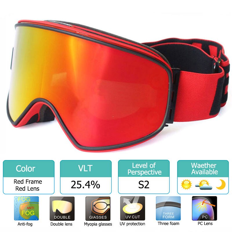 Ski Goggles 2 in 1 with Magnetic Dual-use Lens for Night Skiing Anti-fog UV400 Snowboard Goggles Men Women Ski Glasses: Red