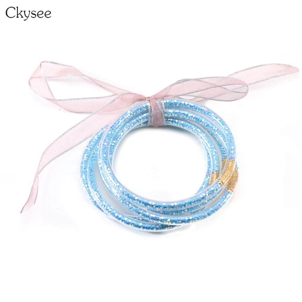 5pc/lot Glitter Silicone Bracelet Set Jelly Bow Circle Big Multi-layer Bracelet Bangle For Women Girl Bangles Jewelry: sky blue