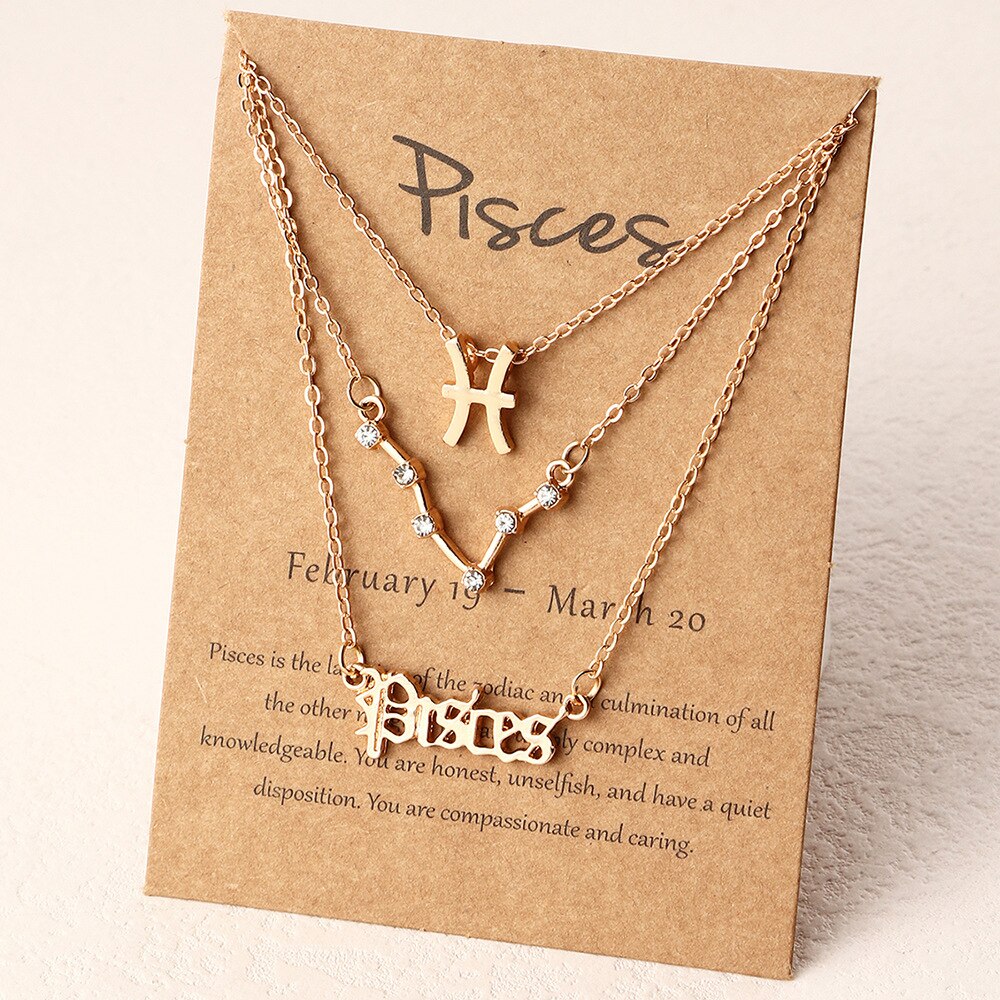 3Pcs/Set zodiac necklace 12 Constellation Charm Gold Necklace Aries Cancer Leo Scorpio Necklace Jewelry Gifts: Pisces