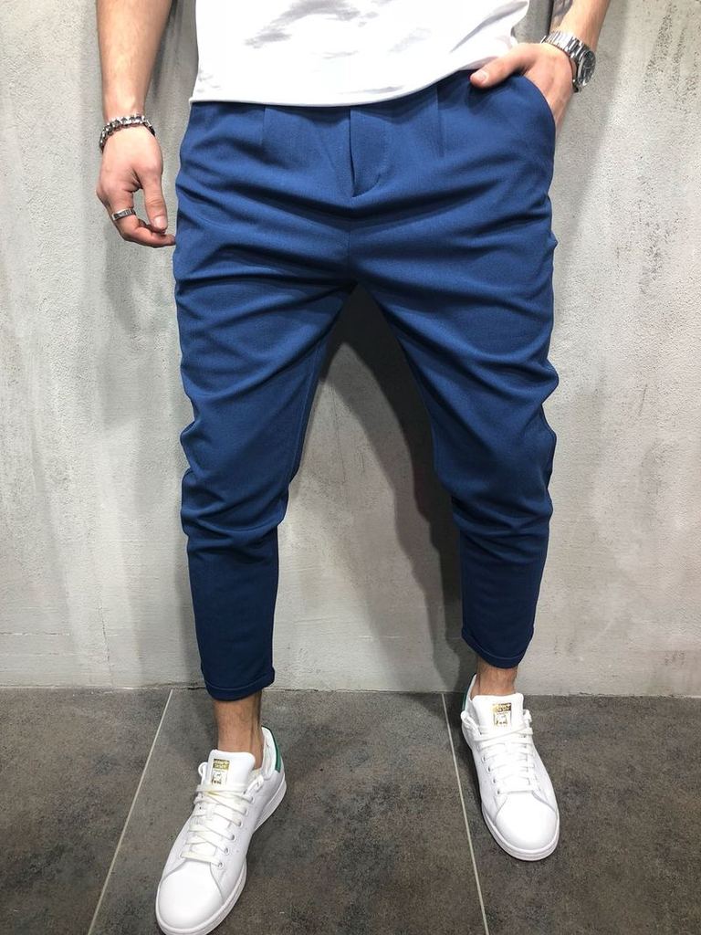 Herenbroek lange broek kantoor potlood rechte slanke pasvorm kleine voeten joggingbroek: Ik / Blauw