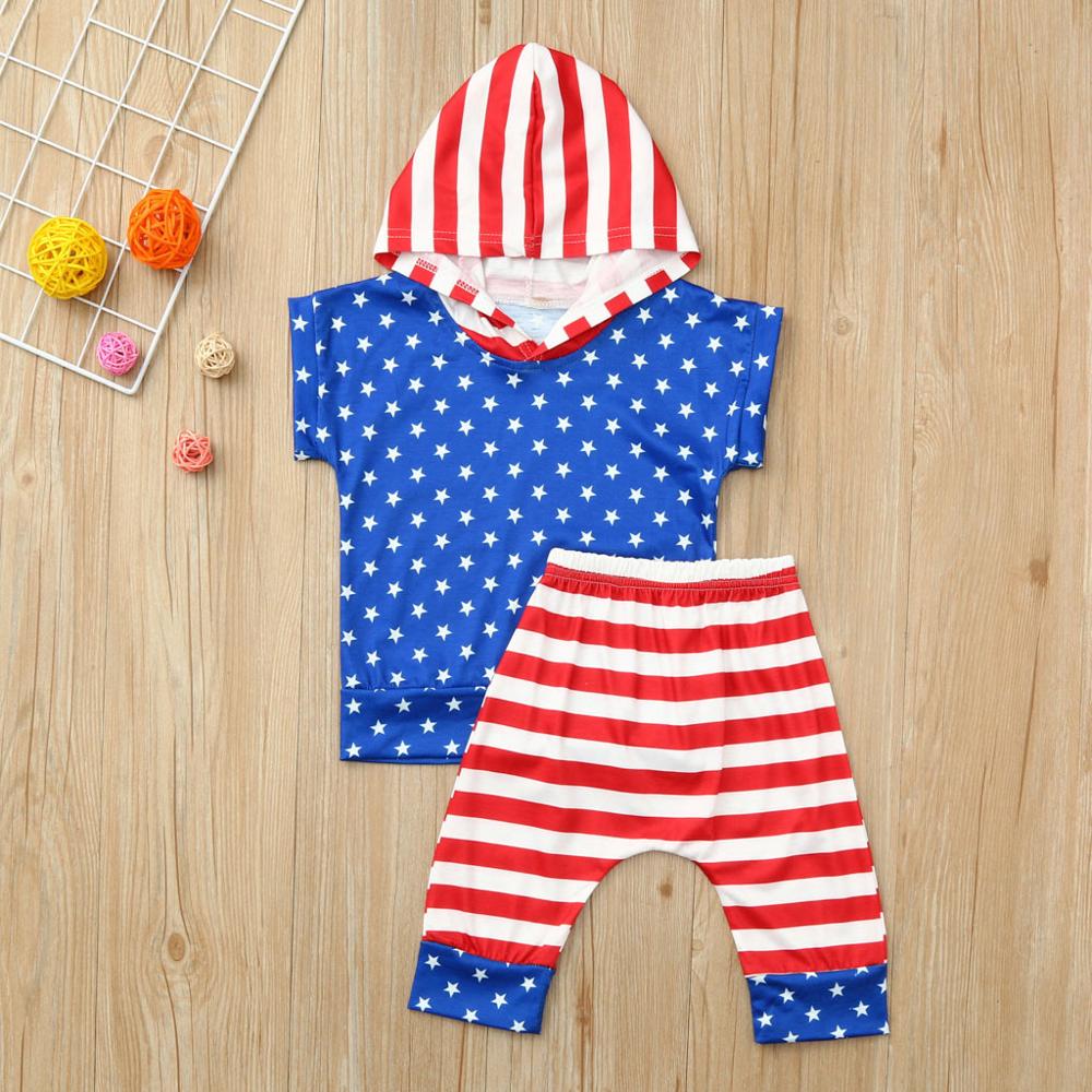 Del bambino Del Bambino Dei Ragazzi Abiti Set 4th of July Stelle A Strisce Patriottica Con Cappuccio Magliette E Camicette Shorts Abiti Americano Independence Day