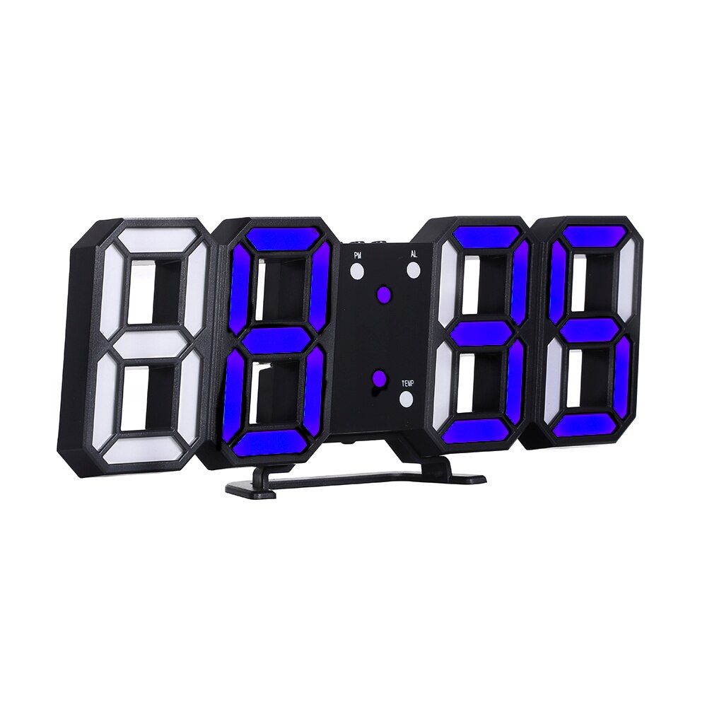 3D LED Digital Clock Glowing Night Mode Brightness Adjustable Electronic Table Clock 24/12 Hour Display Alarm Clock Wall Hanging: black fr blue light