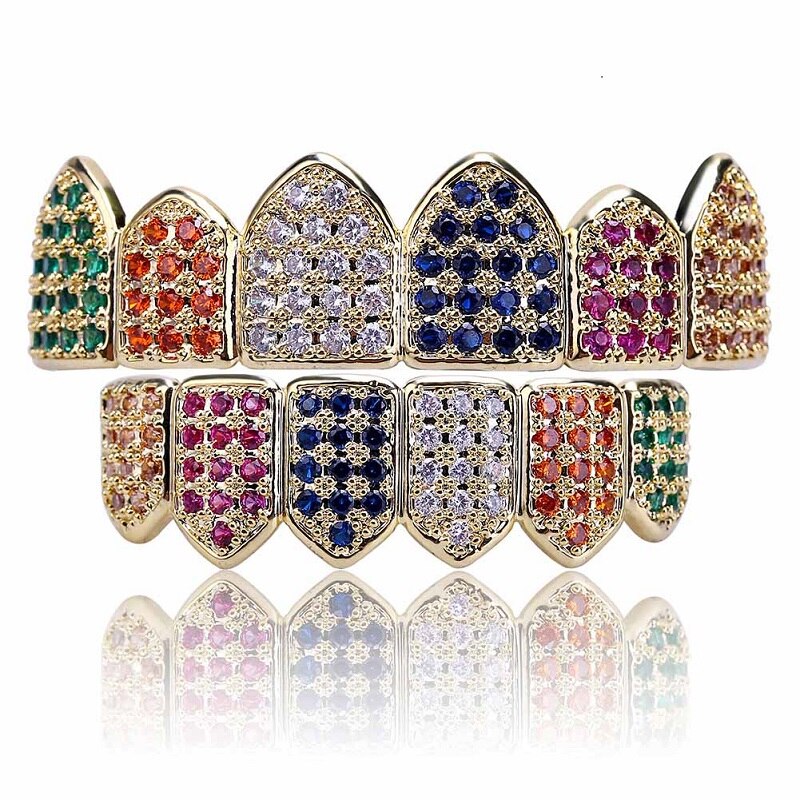 GUCY Gold Color Plated Hip Hop Teeth Grill Caps Micro Pave CZ Top & Bottom GRILLZ Mouth Tooth Grills Set: Rainbow Gold / Bottom