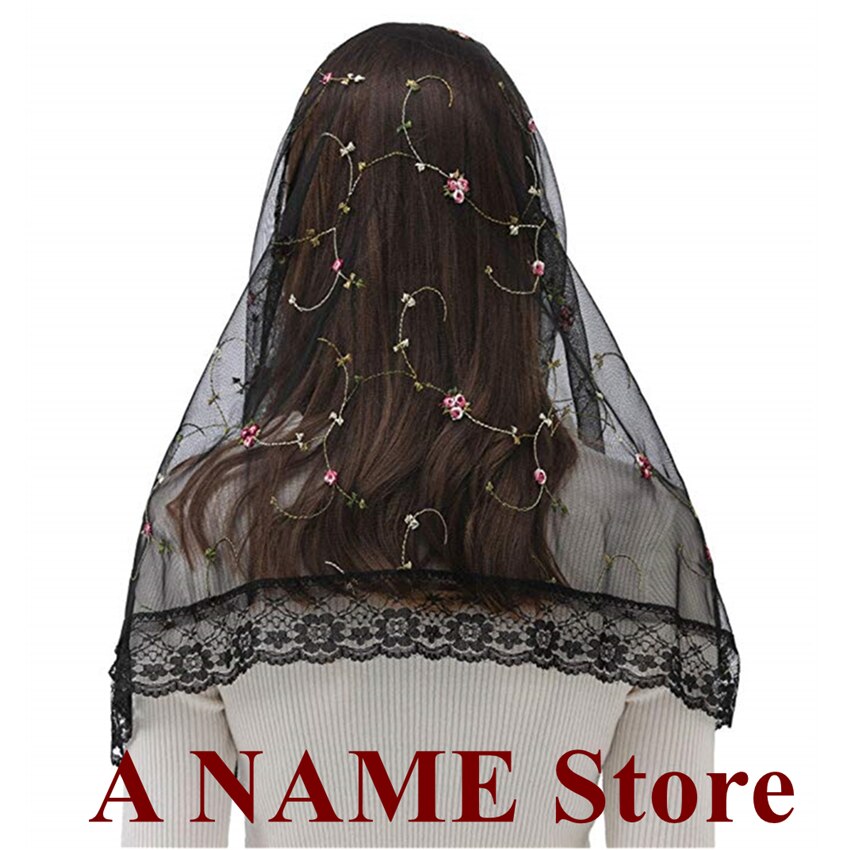 Zwarte geborduurde bloemenkanten mantilla katholieke sluier voor kerk, wikkelsjaal, hoofd, latijnse mis, kapel, velo negra, voiles mantel