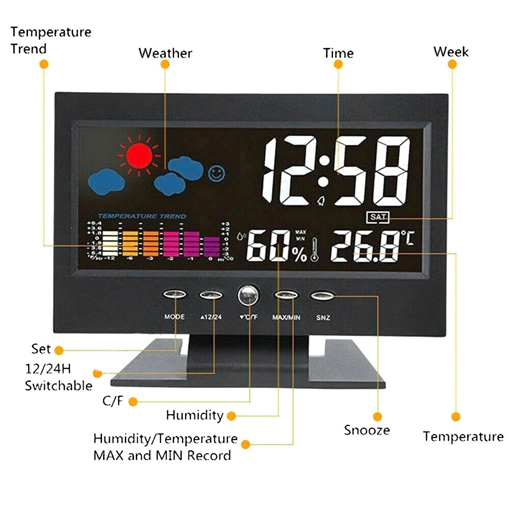 Intelligent Digital Clock Weather Display Calendar Alarm Electronic Temperature Home Clock LED Color Screen Alarm Clock