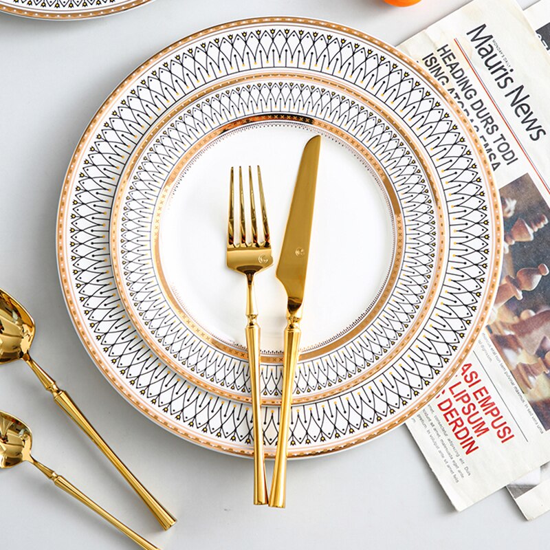 Food Ceramic Luxury Plate Set Christmas Restaurant Gold Breakfast Plates Dinner Serving Europen Platos De Cena Tableware DL60PZ