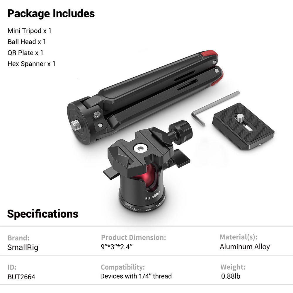 SmallRig-Mini trípode Universal de sobremesa con cabezal de bola panorámico, para cámaras compactas DSLRs, sin Espejo, para teléfonos inteligentes, 2664